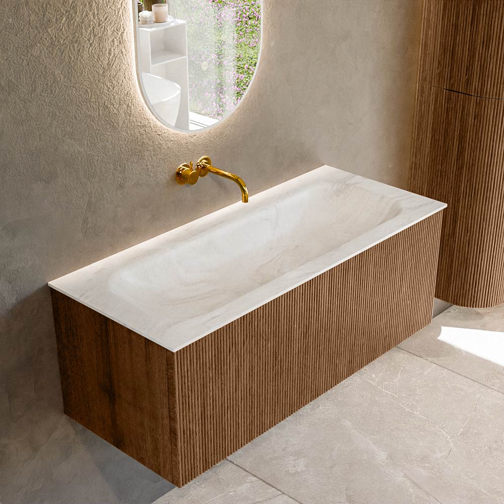 MONDIAZ KURVE-DLUX 110cm badmeubel kleur Walnut met 1 lade en 0 deuren. Wastafel BIG MEDIUM Midden zonder kraangat Ostra.