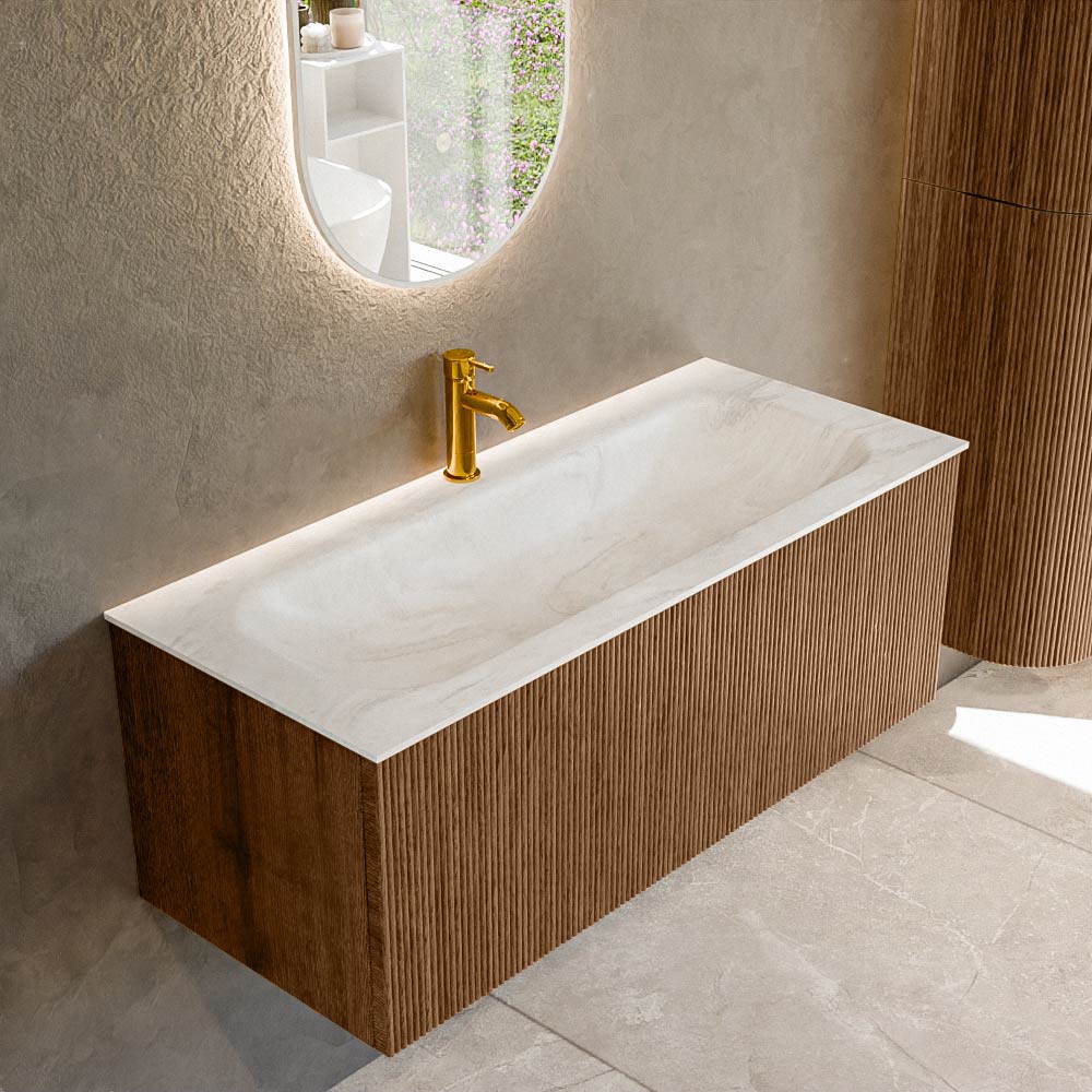MONDIAZ KURVE-DLUX 110cm badmeubel kleur Walnut met 1 lade en 0 deuren. Wastafel BIG MEDIUM Midden 1 kraangat Ostra.