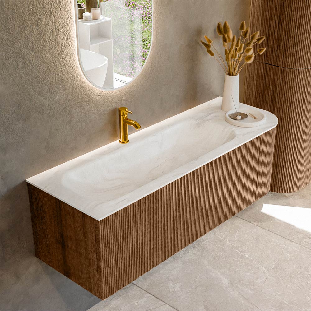 MONDIAZ KURVE-DLUX 135cm badmeubel ronding Rechts kleur Walnut met 1 lade en 1 deur. Wastafel BIG MEDIUM Links 1 kraangat Ostra.