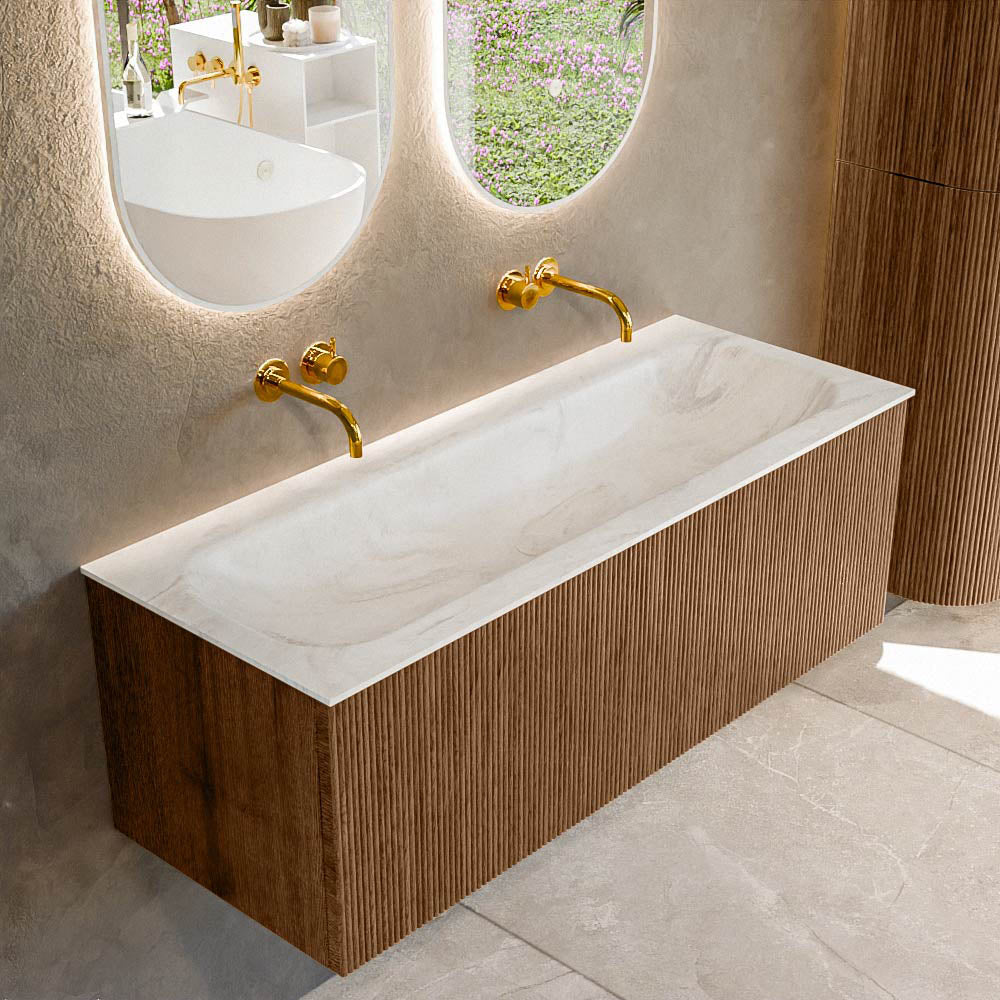 MONDIAZ KURVE-DLUX 120cm badmeubel kleur Walnut met 1 lade en 0 deuren. Wastafel BIG LARGE Midden zonder kraangat Ostra.
