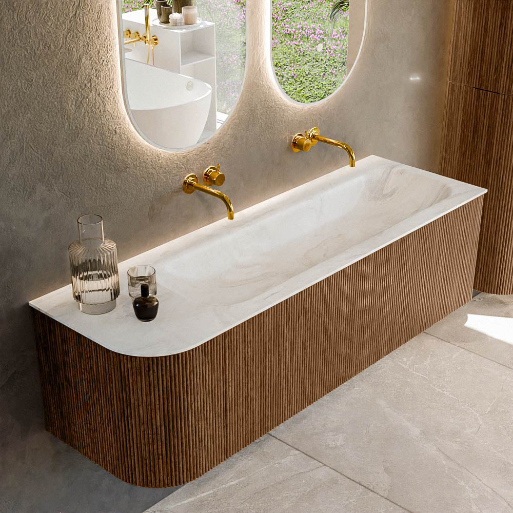 MONDIAZ KURVE-DLUX 145cm badmeubel ronding Links kleur Walnut met 1 lade en 1 deur. Wastafel BIG LARGE Rechts zonder kraangat Ostra.