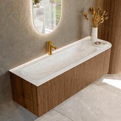 MONDIAZ KURVE-DLUX 145cm badmeubel ronding Rechts kleur Walnut met 1 lade en 1 deur. Wastafel BIG LARGE Links 1 kraangat Ostra.