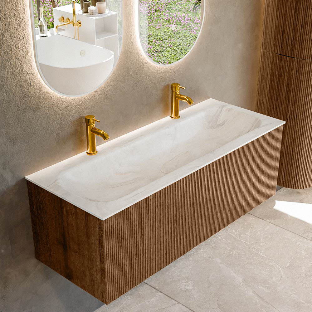 MONDIAZ KURVE-DLUX 120cm badmeubel kleur Walnut met 1 lade en 0 deuren. Wastafel BIG LARGE Midden 2 kraangaten Ostra.