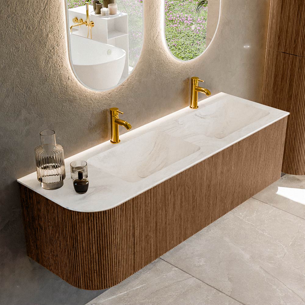 MONDIAZ KURVE-DLUX 145cm badmeubel ronding Links kleur Walnut met 1 lade en 1 deur. Wastafel LEAF Dubbel / Rechts 2 kraangaten Ostra.