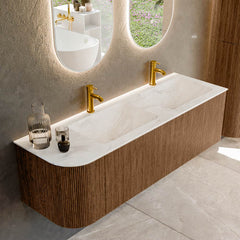 MONDIAZ KURVE-DLUX 145cm badmeubel ronding Links kleur Walnut met 1 lade en 1 deur. Wastafel LEAF Dubbel / Rechts 2 kraangaten Ostra.