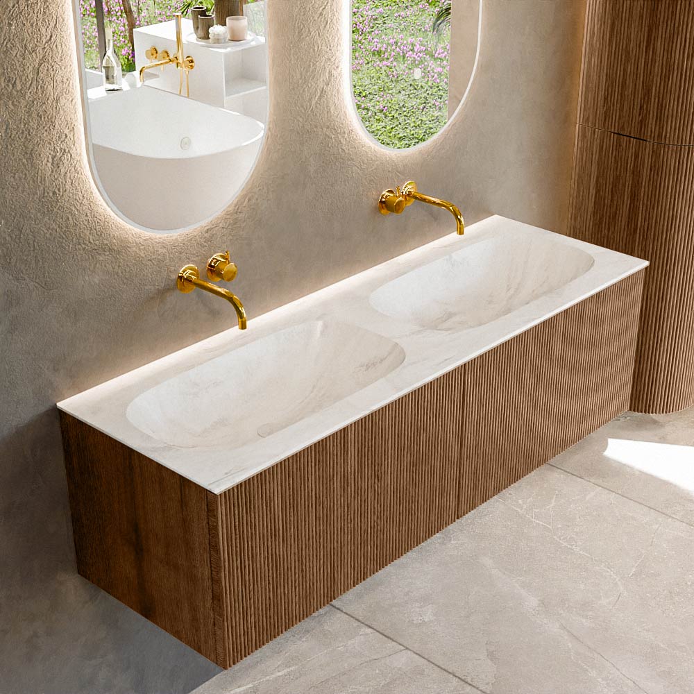 MONDIAZ KURVE-DLUX 140cm badmeubel kleur Walnut met 2 lades en 0 deuren. Wastafel STOR SMALL Dubbel zonder kraangat Ostra.