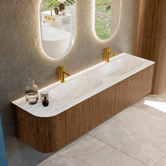 MONDIAZ KURVE-DLUX 175cm badmeubel ronding Links kleur Walnut met 2 lades en 1 deur. Wastafel STOR SMALL Dubbel / Rechts 2 kraangaten Ostra.