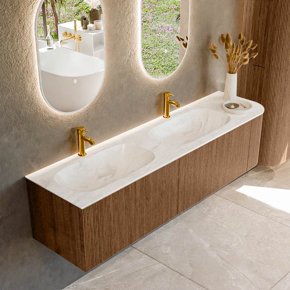 MONDIAZ KURVE-DLUX 175cm badmeubel ronding Rechts kleur Walnut met 2 lades en 1 deur. Wastafel STOR SMALL Dubbel / Links 2 kraangaten Ostra.