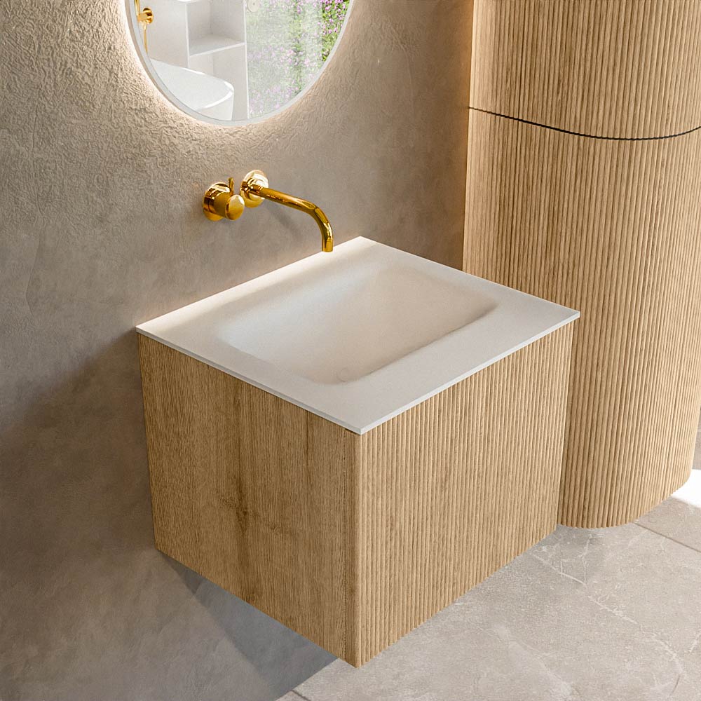 MONDIAZ KURVE 50cm badmeubel kleur Oak met 1 lade en 0 deuren. Wastafel GRUNNE Midden zonder kraangat Talc.