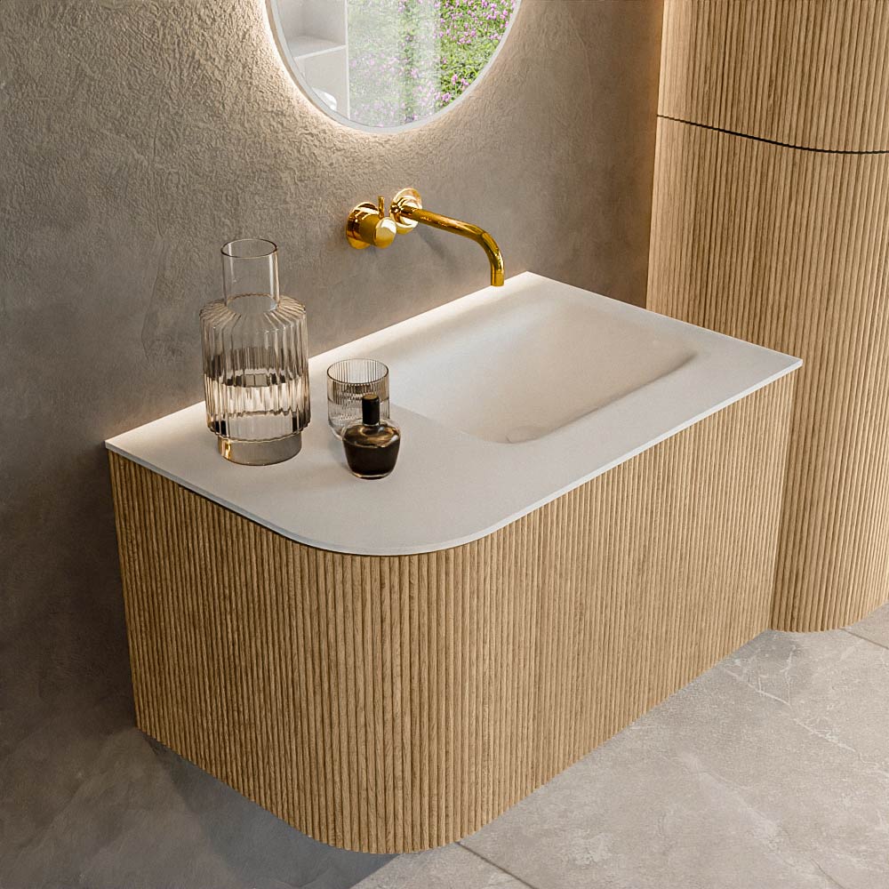 MONDIAZ KURVE 75cm badmeubel ronding Links kleur Oak met 1 lade en 1 deur. Wastafel GRUNNE Rechts zonder kraangat Talc.