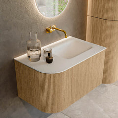 MONDIAZ KURVE 75cm badmeubel ronding Links kleur Oak met 1 lade en 1 deur. Wastafel GRUNNE Rechts zonder kraangat Talc.