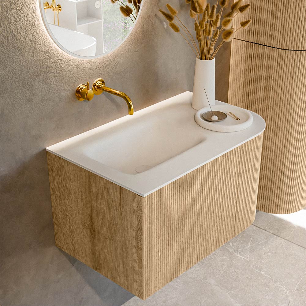 MONDIAZ KURVE 75cm badmeubel ronding Rechts kleur Oak met 1 lade en 1 deur. Wastafel GRUNNE Links zonder kraangat Talc.