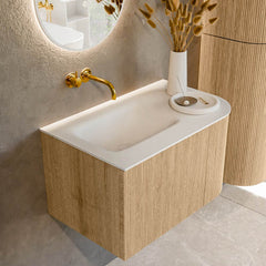 MONDIAZ KURVE 75cm badmeubel ronding Rechts kleur Oak met 1 lade en 1 deur. Wastafel GRUNNE Links zonder kraangat Talc.
