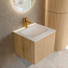 MONDIAZ KURVE 50cm badmeubel kleur Oak met 1 lade en 0 deuren. Wastafel GRUNNE Midden 1 kraangat Talc.