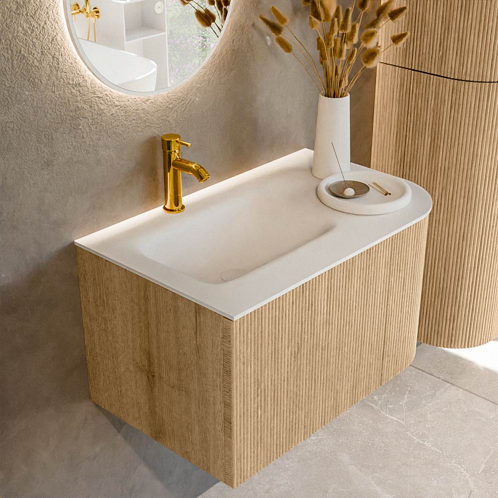 MONDIAZ KURVE 75cm badmeubel ronding Rechts kleur Oak met 1 lade en 1 deur. Wastafel GRUNNE Links 1 kraangat Talc.