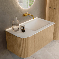 MONDIAZ KURVE 85cm badmeubel ronding Links kleur Oak met 1 lade en 1 deur. Wastafel CLOUD Rechts zonder kraangat Talc.