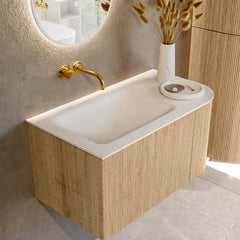 MONDIAZ KURVE 85cm badmeubel ronding Rechts kleur Oak met 1 lade en 1 deur. Wastafel CLOUD Links zonder kraangat Talc.