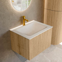MONDIAZ KURVE 60cm badmeubel kleur Oak met 1 lade en 0 deuren. Wastafel CLOUD Midden 1 kraangat Talc.