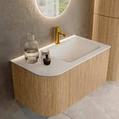 MONDIAZ KURVE 85cm badmeubel ronding Links kleur Oak met 1 lade en 1 deur. Wastafel CLOUD Rechts 1 kraangat Talc.