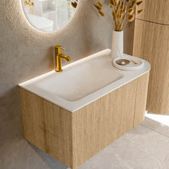 MONDIAZ KURVE 85cm badmeubel ronding Rechts kleur Oak met 1 lade en 1 deur. Wastafel CLOUD Links 1 kraangat Talc.
