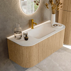 MONDIAZ KURVE 110cm badmeubel ronding Links + Rechts kleur Oak met 1 lade en 2 deuren. Wastafel CLOUD Midden 1 kraangat Talc.