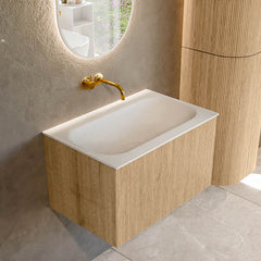 MONDIAZ KURVE 70cm badmeubel kleur Oak met 1 lade en 0 deuren. Wastafel BIG SMALL Midden zonder kraangat Talc.