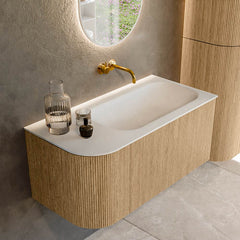 MONDIAZ KURVE 95cm badmeubel ronding Links kleur Oak met 1 lade en 1 deur. Wastafel BIG SMALL Rechts zonder kraangat Talc.