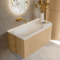 MONDIAZ KURVE 95cm badmeubel ronding Rechts kleur Oak met 1 lade en 1 deur. Wastafel BIG SMALL Links zonder kraangat Talc.