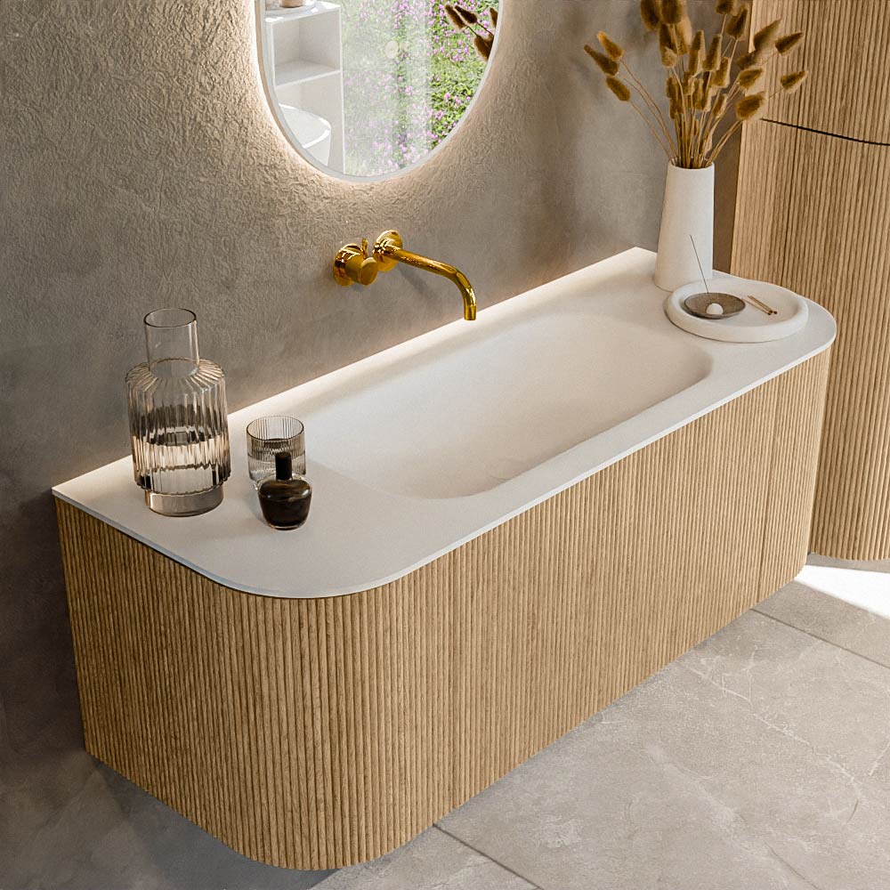 MONDIAZ KURVE 120cm badmeubel ronding Links + Rechts kleur Oak met 1 lade en 2 deuren. Wastafel BIG SMALL Midden zonder kraangat Talc.