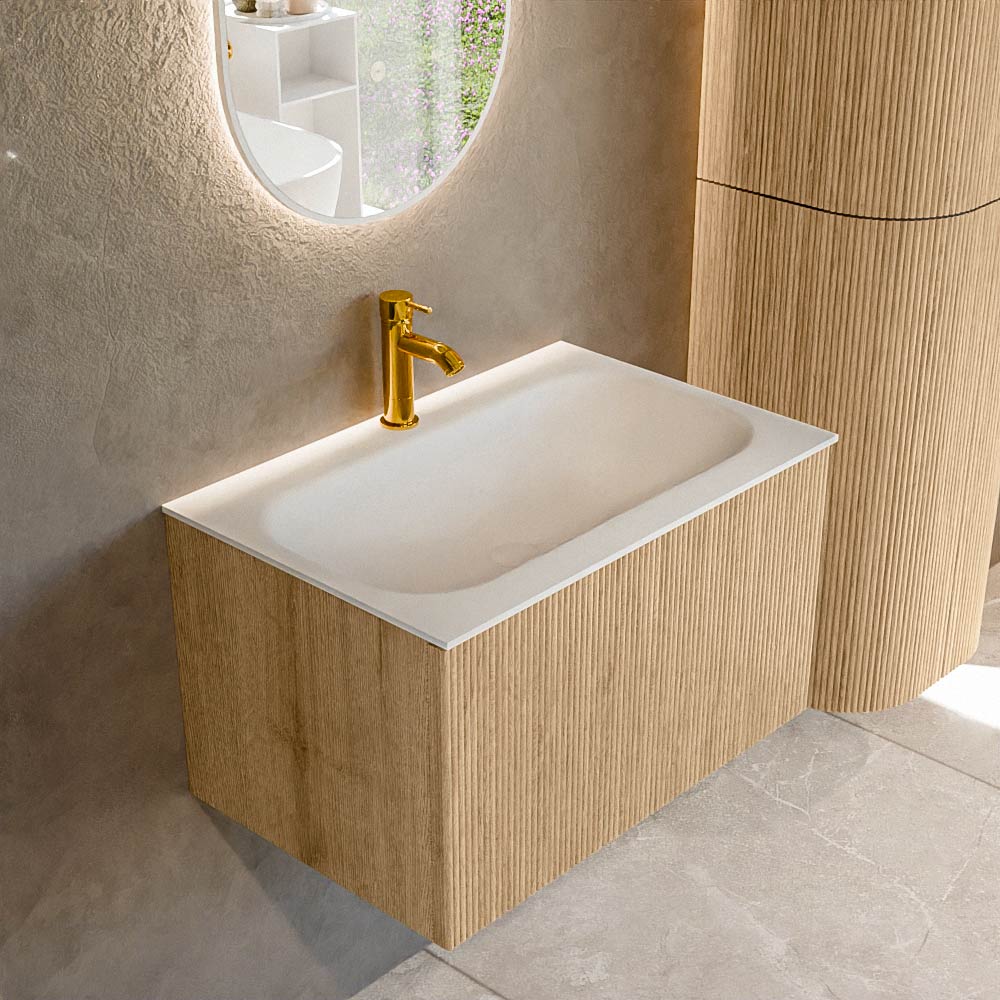 MONDIAZ KURVE 70cm badmeubel kleur Oak met 1 lade en 0 deuren. Wastafel BIG SMALL Midden 1 kraangat Talc.