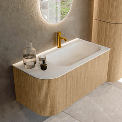 MONDIAZ KURVE 95cm badmeubel ronding Links kleur Oak met 1 lade en 1 deur. Wastafel BIG SMALL Rechts 1 kraangat Talc.