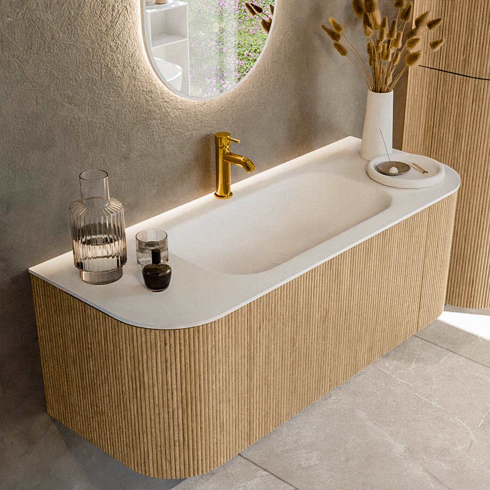 MONDIAZ KURVE 120cm badmeubel ronding Links + Rechts kleur Oak met 1 lade en 2 deuren. Wastafel BIG SMALL Midden 1 kraangat Talc.