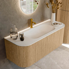 MONDIAZ KURVE 120cm badmeubel ronding Links + Rechts kleur Oak met 1 lade en 2 deuren. Wastafel BIG SMALL Midden 1 kraangat Talc.