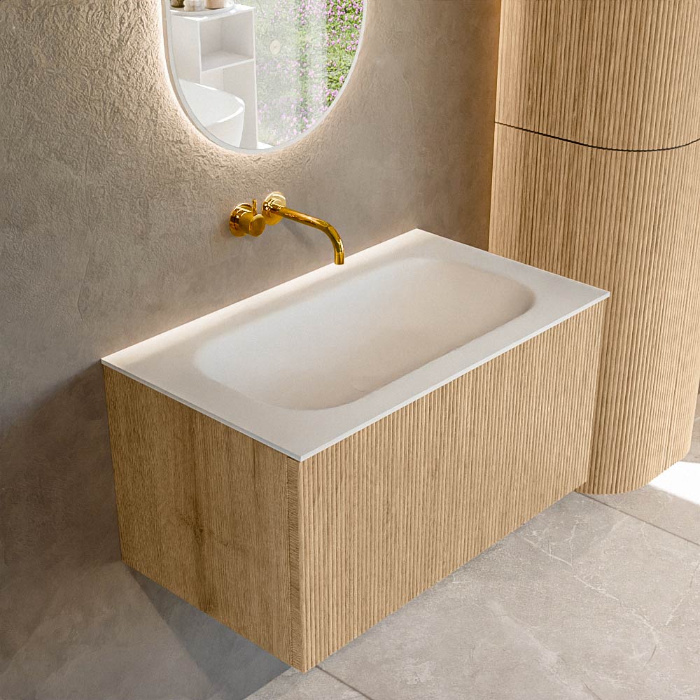 MONDIAZ KURVE 80cm badmeubel kleur Oak met 1 lade en 0 deuren. Wastafel BIG SMALL Midden zonder kraangat Talc.
