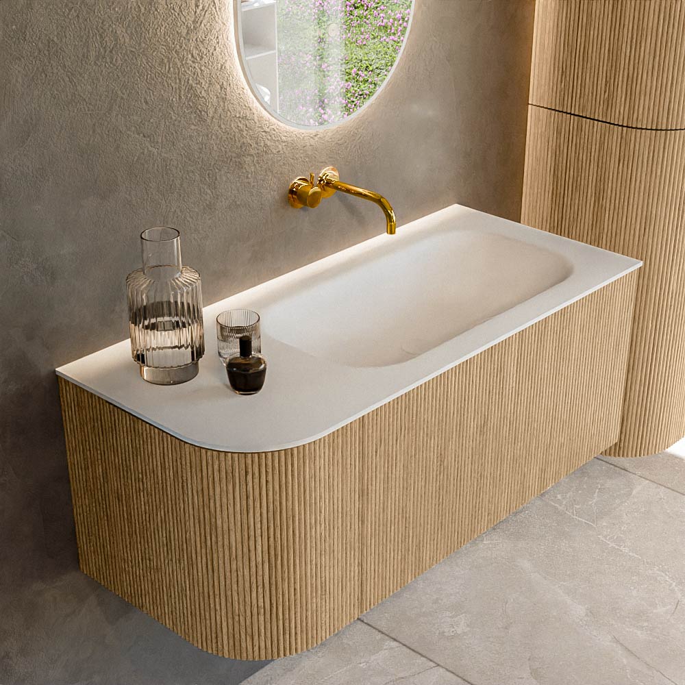 MONDIAZ KURVE 105cm badmeubel ronding Links kleur Oak met 1 lade en 1 deur. Wastafel BIG SMALL Rechts zonder kraangat Talc.