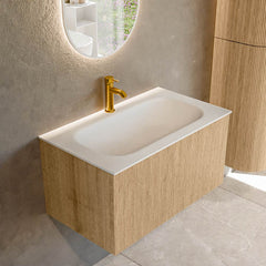 MONDIAZ KURVE 80cm badmeubel kleur Oak met 1 lade en 0 deuren. Wastafel BIG SMALL Midden 1 kraangat Talc.