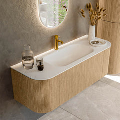 MONDIAZ KURVE 130cm badmeubel ronding Links + Rechts kleur Oak met 1 lade en 2 deuren. Wastafel BIG SMALL Midden 1 kraangat Talc.