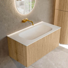 MONDIAZ KURVE 90cm badmeubel kleur Oak met 1 lade en 0 deuren. Wastafel BIG SMALL Midden zonder kraangat Talc.
