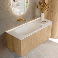 MONDIAZ KURVE 115cm badmeubel ronding Rechts kleur Oak met 1 lade en 1 deur. Wastafel BIG SMALL Links zonder kraangat Talc.