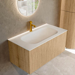 MONDIAZ KURVE 90cm badmeubel kleur Oak met 1 lade en 0 deuren. Wastafel BIG SMALL Midden 1 kraangat Talc.