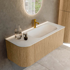 MONDIAZ KURVE 115cm badmeubel ronding Links kleur Oak met 1 lade en 1 deur. Wastafel BIG SMALL Rechts 1 kraangat Talc.