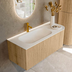 MONDIAZ KURVE 115cm badmeubel ronding Rechts kleur Oak met 1 lade en 1 deur. Wastafel BIG SMALL Links 1 kraangat Talc.