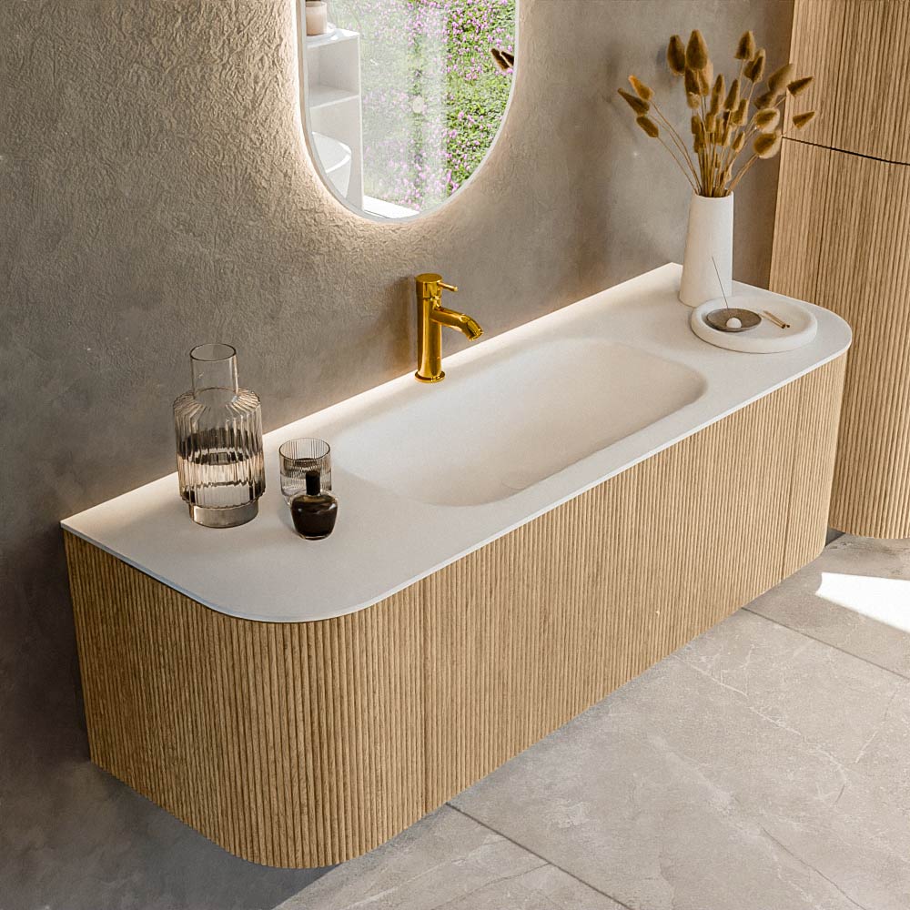 MONDIAZ KURVE 140cm badmeubel ronding Links + Rechts kleur Oak met 1 lade en 2 deuren. Wastafel BIG SMALL Midden 1 kraangat Talc.