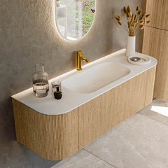 MONDIAZ KURVE 140cm badmeubel ronding Links + Rechts kleur Oak met 1 lade en 2 deuren. Wastafel BIG SMALL Midden 1 kraangat Talc.