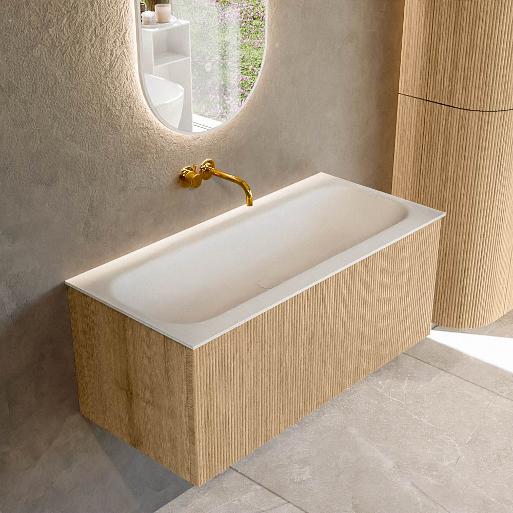 MONDIAZ KURVE 100cm badmeubel kleur Oak met 1 lade en 0 deuren. Wastafel BIG MEDIUM Midden zonder kraangat Talc.
