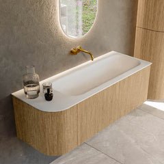 MONDIAZ KURVE 125cm badmeubel ronding Links kleur Oak met 1 lade en 1 deur. Wastafel BIG MEDIUM Rechts zonder kraangat Talc.