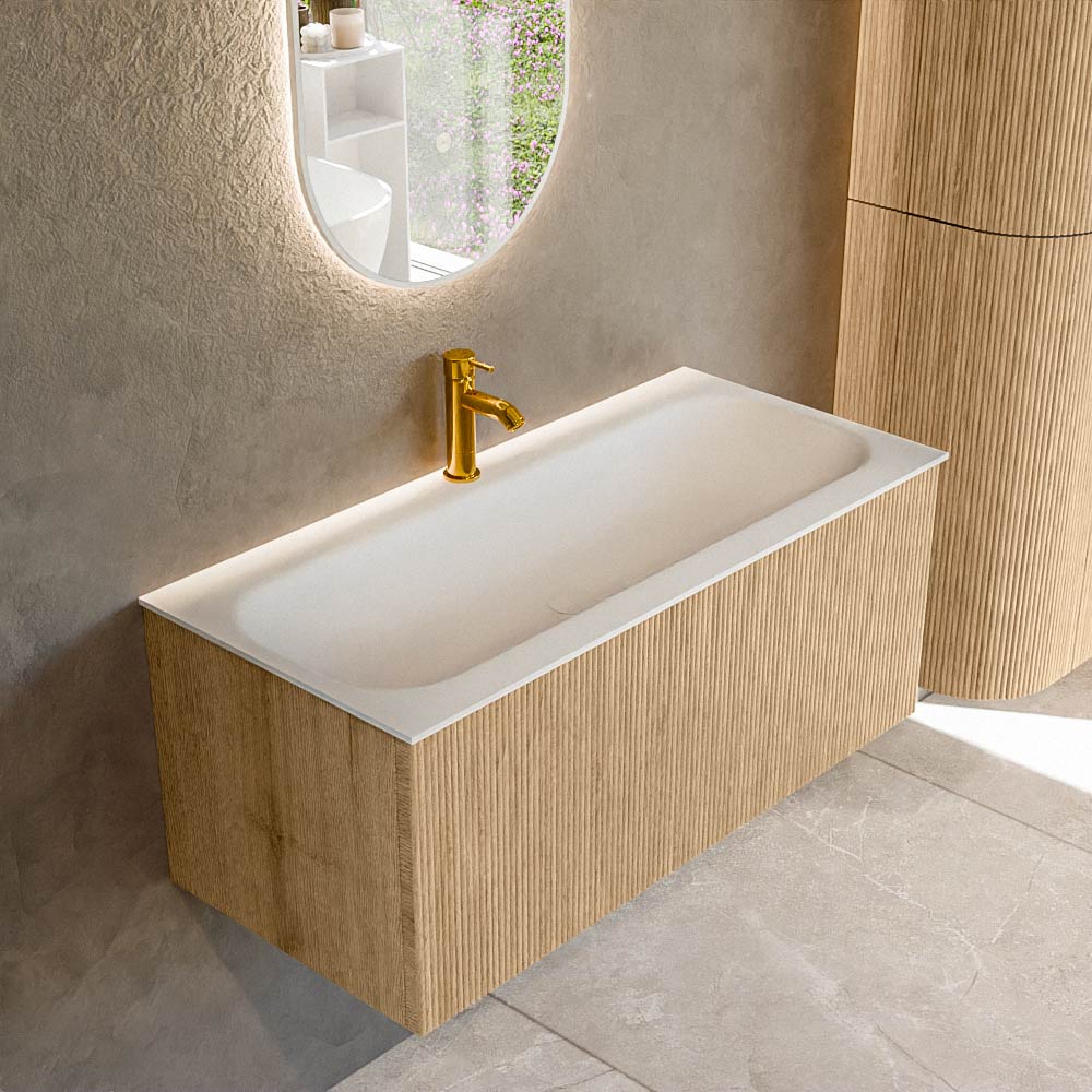 MONDIAZ KURVE 100cm badmeubel kleur Oak met 1 lade en 0 deuren. Wastafel BIG MEDIUM Midden 1 kraangat Talc.
