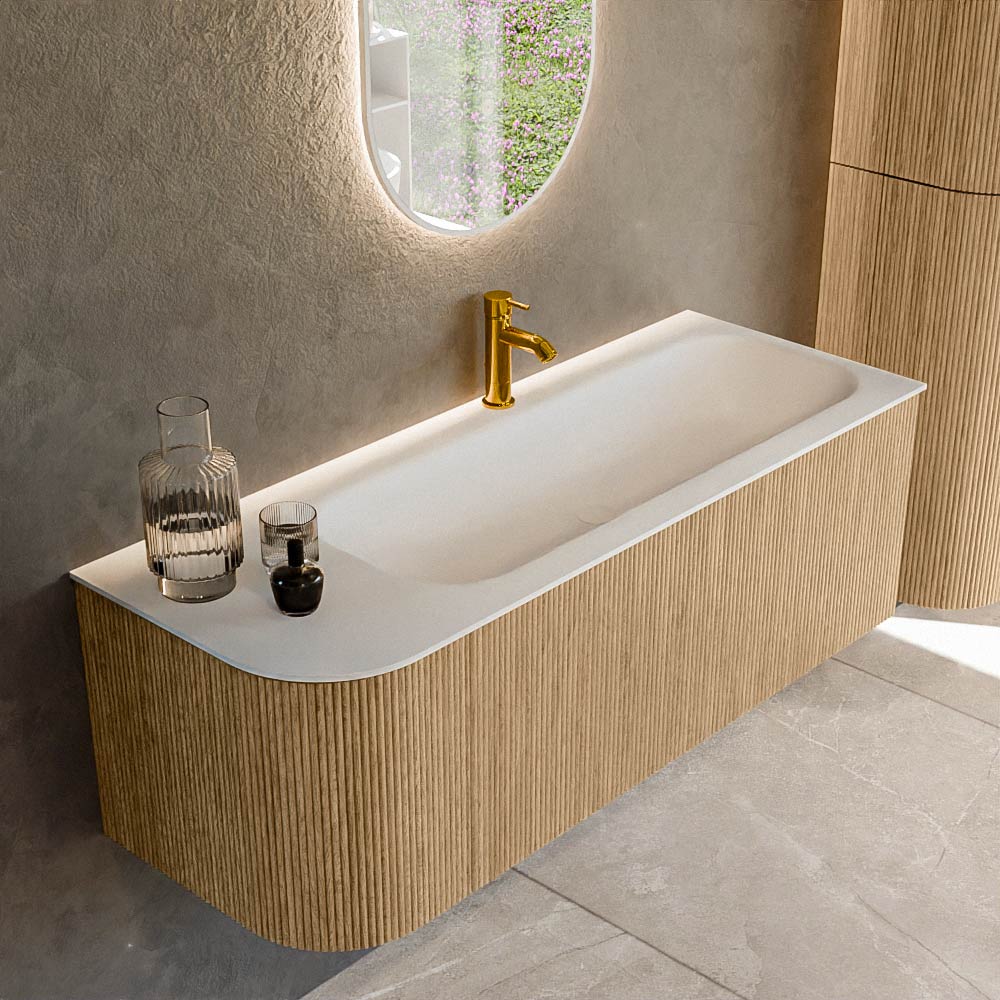 MONDIAZ KURVE 125cm badmeubel ronding Links kleur Oak met 1 lade en 1 deur. Wastafel BIG MEDIUM Rechts 1 kraangat Talc.