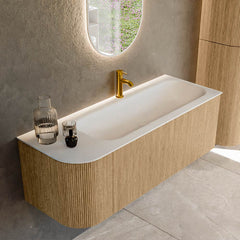 MONDIAZ KURVE 125cm badmeubel ronding Links kleur Oak met 1 lade en 1 deur. Wastafel BIG MEDIUM Rechts 1 kraangat Talc.