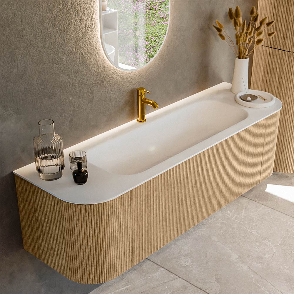 MONDIAZ KURVE 150cm badmeubel ronding Links + Rechts kleur Oak met 1 lade en 2 deuren. Wastafel BIG MEDIUM Midden 1 kraangat Talc.